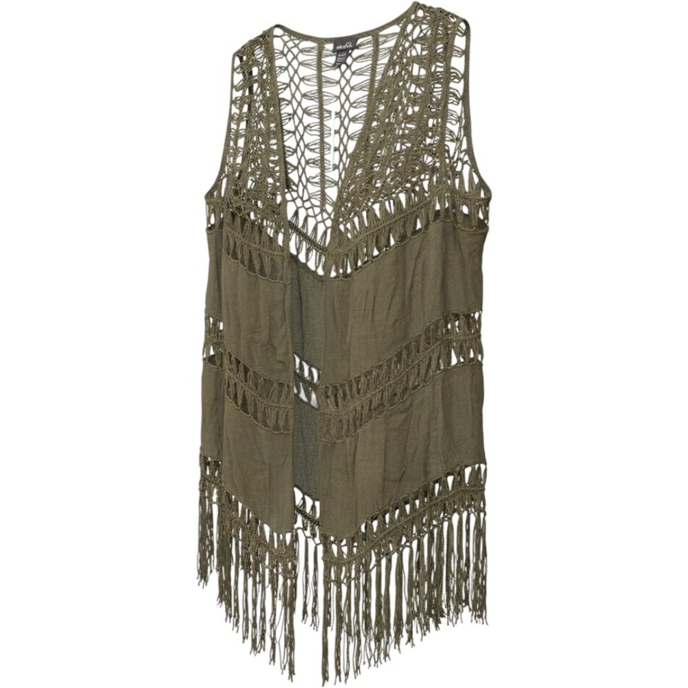 Rue21 Womens Olive Green Crochet Fringe Open Front Boho Vest Size Medium NWT